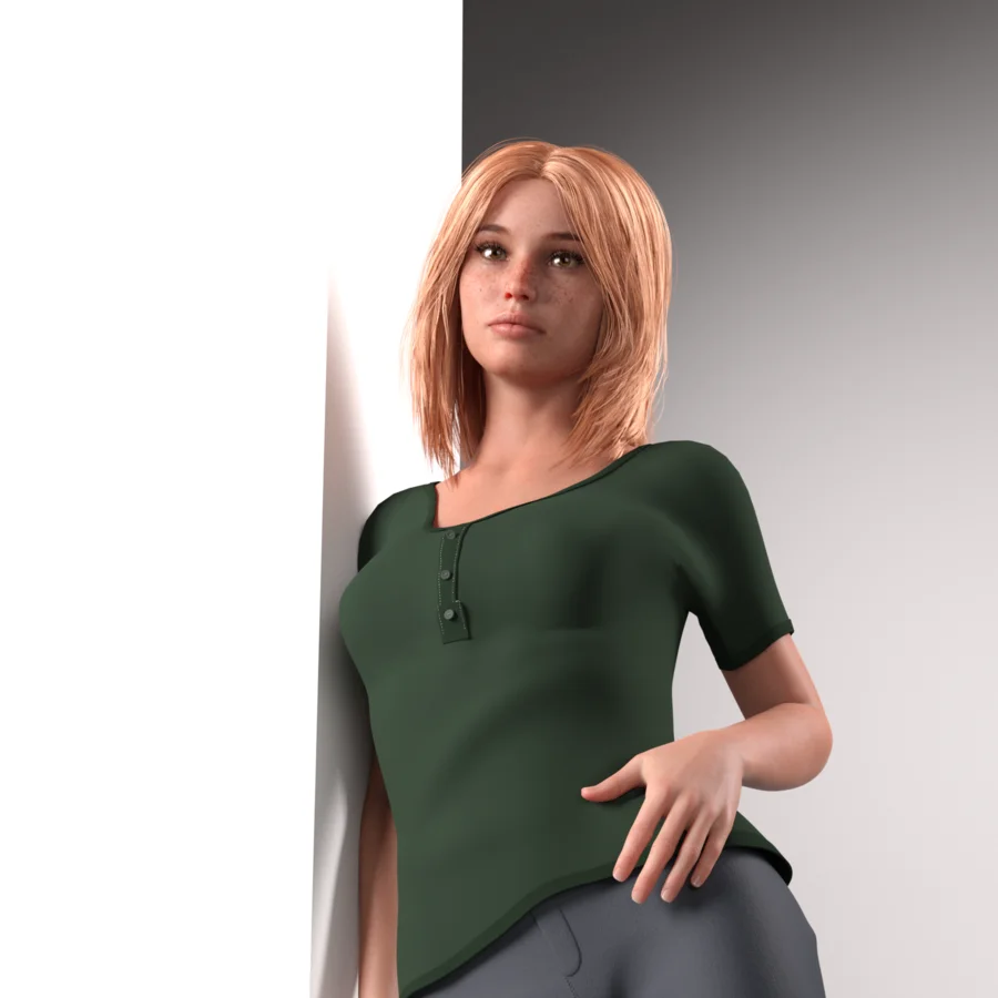 Everyday Henley in green, worn by a character leaning against a white wall