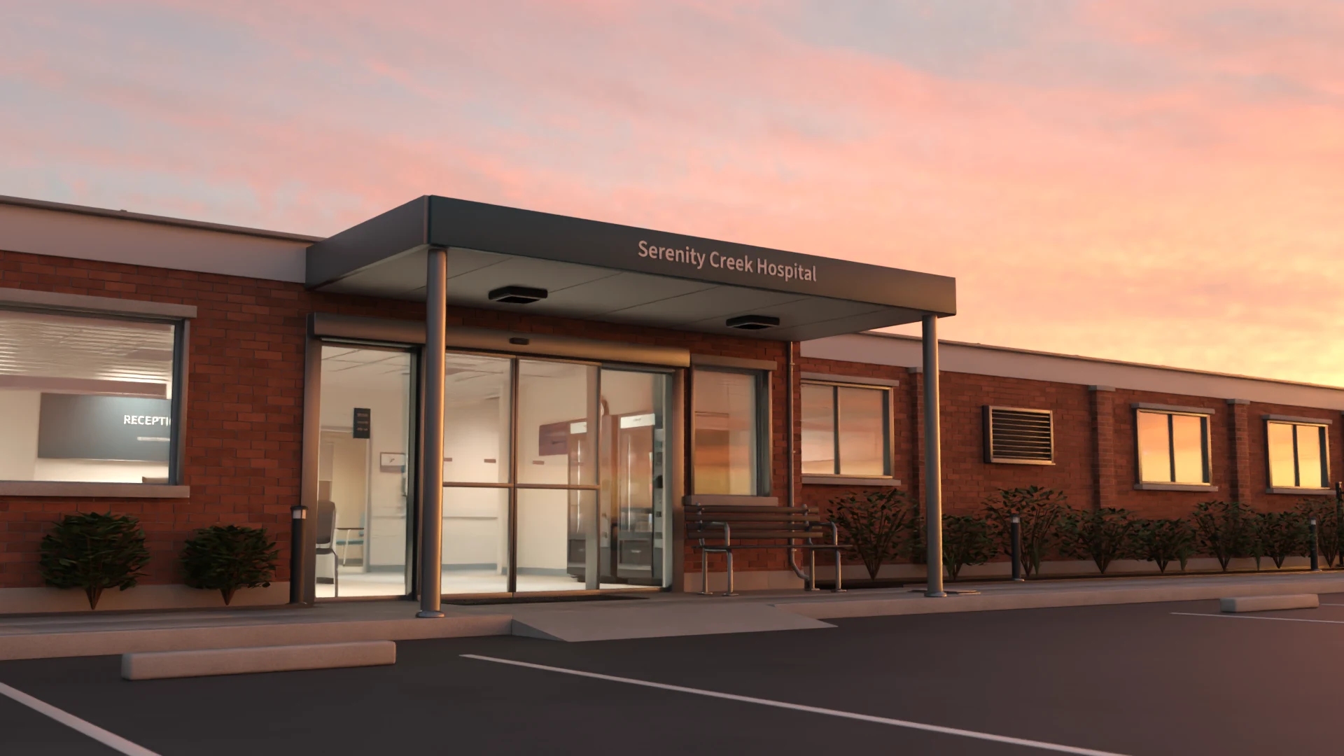 Hospital entrance at sunset