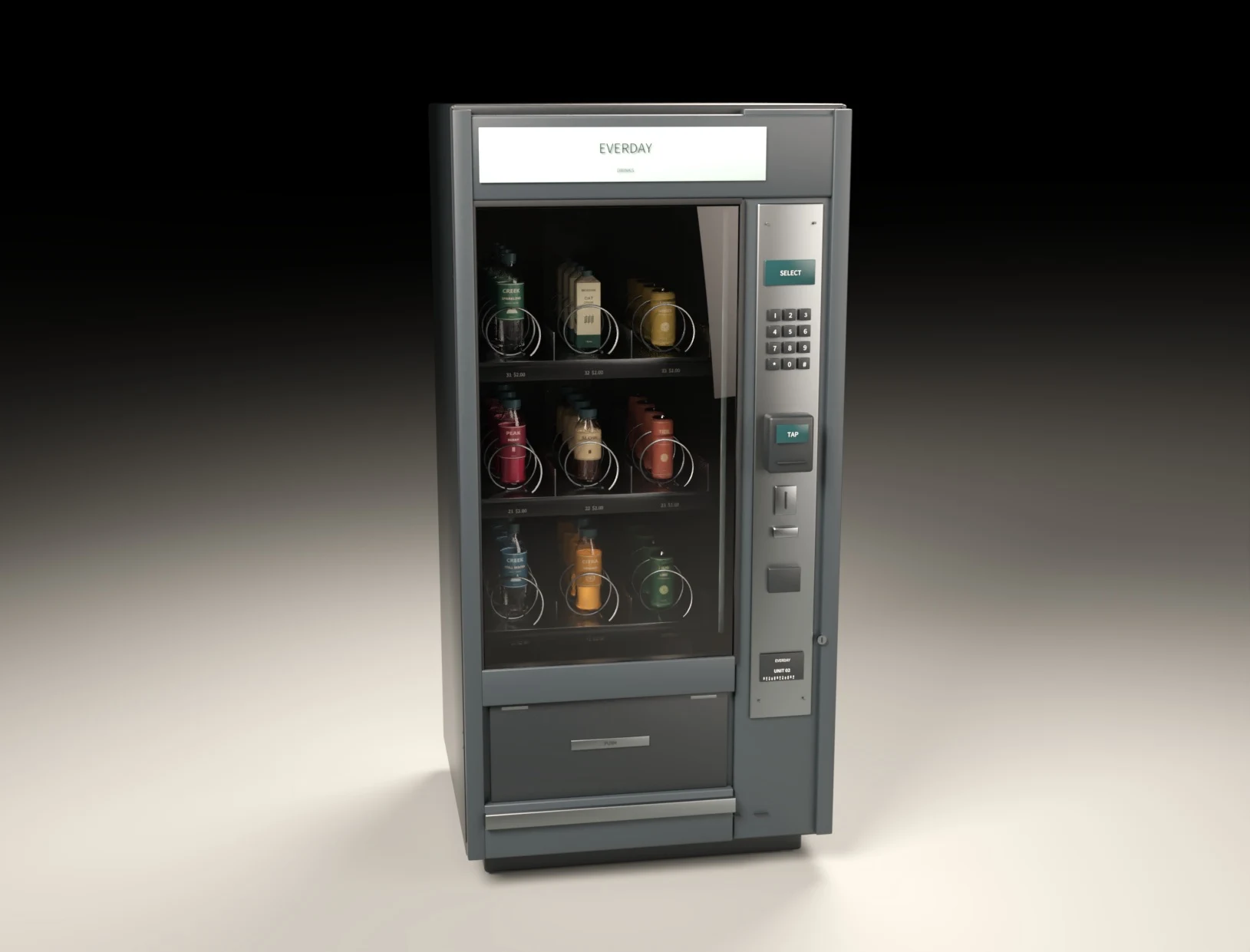 Drink vending machine with a glass front and keypad